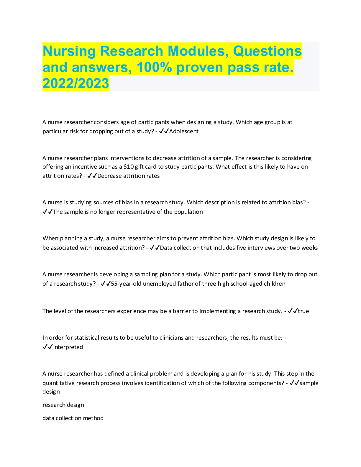 Nursing Research Modules, Questions and answers, 100% proven pass rate. 2022/2023